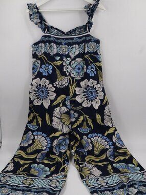 Free People Floral Jumpsuit Womens Small Navy Blue Ruffle Wide Leg Boho Smocked